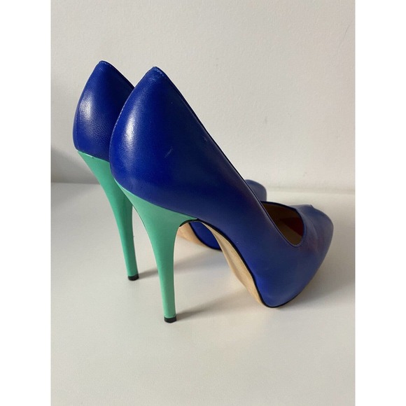 Stuart Weitzman Victoria Pump Ultramar Blue Colorblock Peep Toe Leather … - Picture 6 of 12
